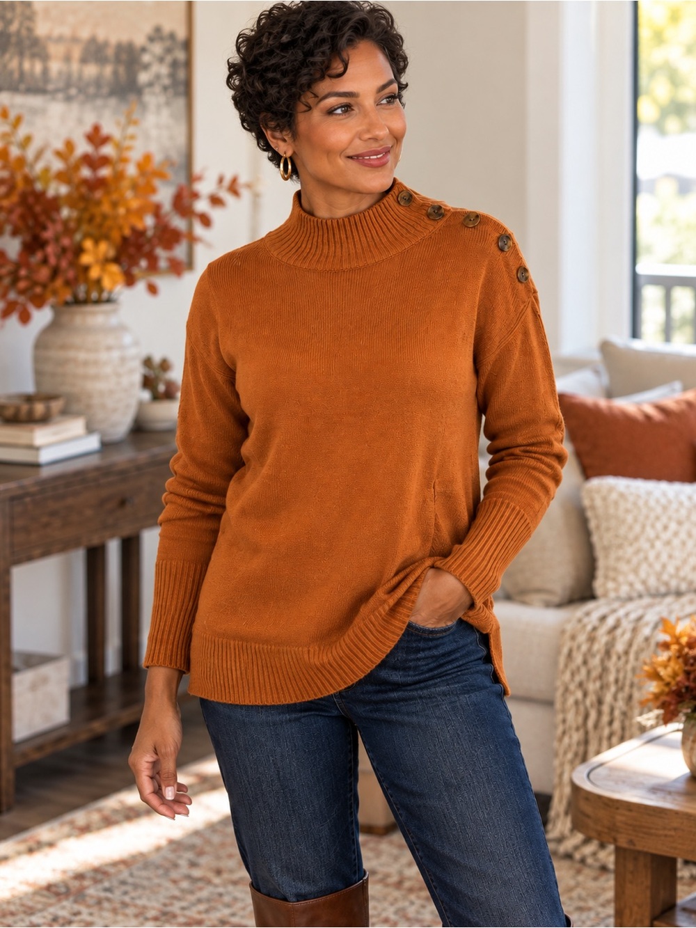 Talbots Rust Button-Shoulder Mock Neck Sweater | Fall Classic - Picture 2 of 9